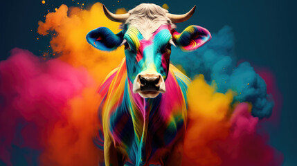 colorful cow in colorful smoke 