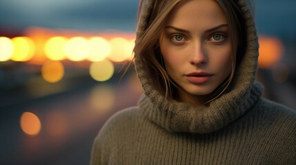 A woman in a sweater looking at you