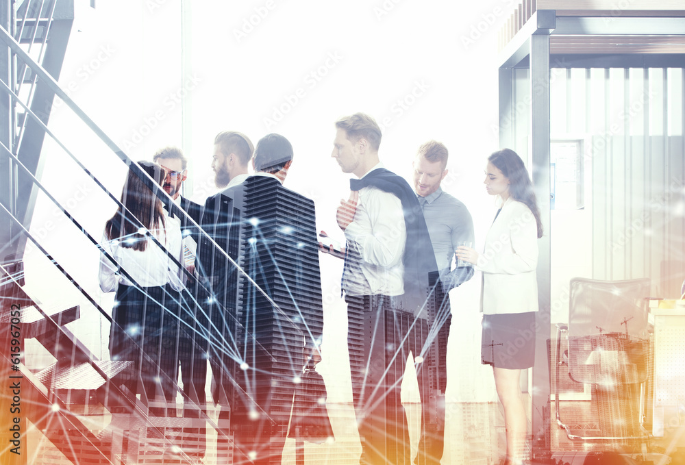 Poster business people work together in office with skyscraper on background with internet network effects.