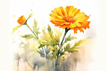 watercolor of Marigold Flowers created with Generative AI technology