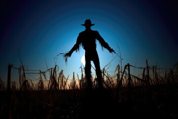 A spooky silhouette of a scarecrow in a deserted field, backlit by a massive full moon. Generative AI