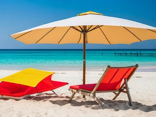 Chaise lounge and umbrella on sand beach. Generative AI