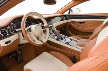 photo of a luxury car interior, auto interior, control buttons, molding, acoustic system and...
