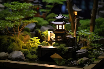 Plakat miniature of small zen garden with lantern created with Generative AI technology