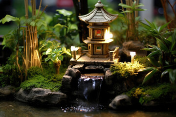 Fototapeta premium miniature of small zen garden with lantern created with Generative AI technology