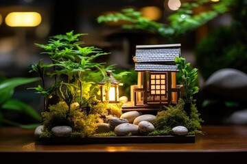 Fototapeta na wymiar miniature of small zen garden with lantern created with Generative AI technology