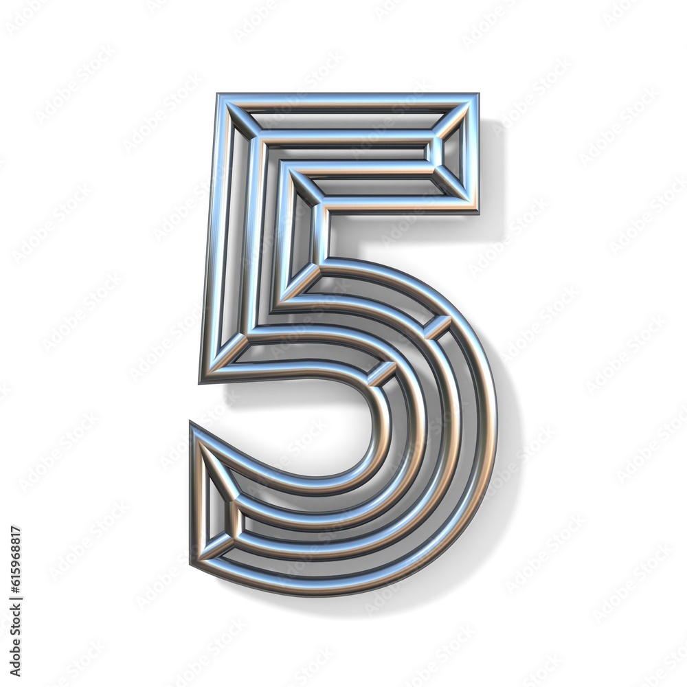 Poster wire outline font number 5 five 3d rendering illustration isolated on white background