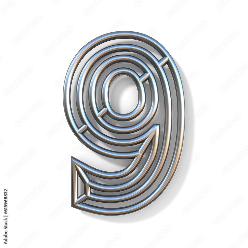 Poster wire outline font number 9 nine 3d rendering illustration isolated on white background