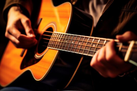 a closeup photo of a guitarist guy playing a classic acoustic guitar. fingerstyle playing on strings. Generative AI