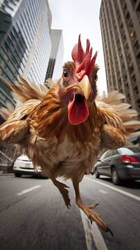 Combat Chicken runs purposefully through a big city. Funny. Generative AI