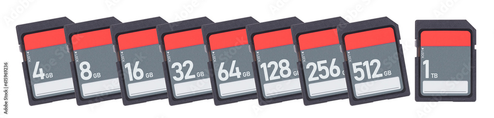 Poster sd memory cards isolated on white background - range from 4gb to 1tb