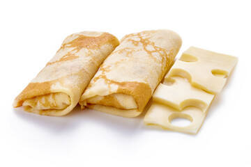 Delicious pancakes with cheese on white plate isolated on a white background