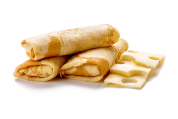 Delicious pancakes with cheese on white plate isolated on a white background