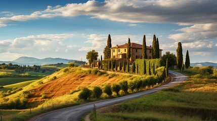 Fototapeta na wymiar Mediterranean Italian landscape, beautiful day in Tuscany, agriculture, fictional estate. Generative AI