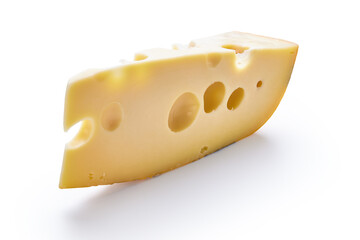 A piece of cheese is isolated on a white background
