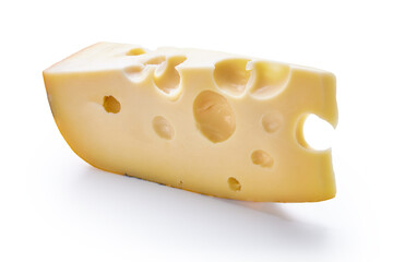 A piece of cheese is isolated on a white background