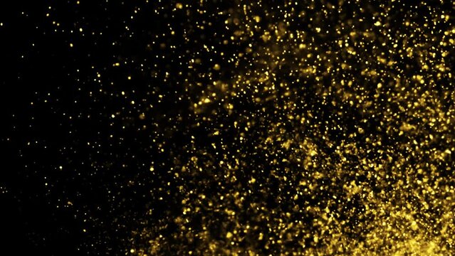 Gold Dust Waves. Particle gold dust flickering on black background. Gold Particles Moving Background. Particle from below. 4k abstract Footage background for text.