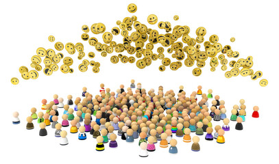 Large crowd of small symbolic 3d figures, with happy faces, over white