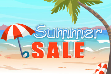 Fototapeta na wymiar Summer sale flyer design. Illustration of sandy beach with umbrella, ball, palm and text