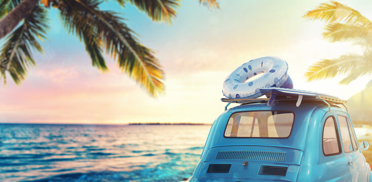 Old car on a tropical beach at the sunset. 3D Rendering