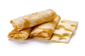 Delicious pancakes with cheese on white plate isolated on a white background