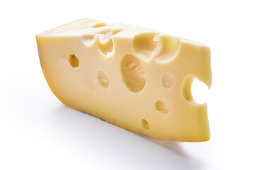 A piece of cheese is isolated on a white background