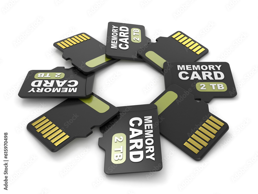 Poster microsd memory cards, front and back view 2 tb. circular arrangement. 3d render illustration isolate