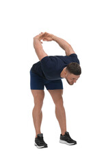 Man doing stretching on white background. Morning exercise