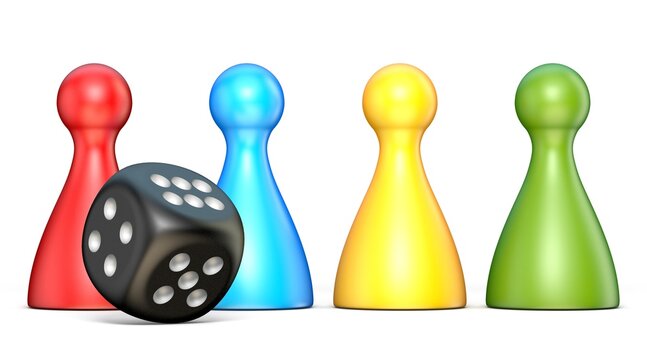 Plastic game figures and one black dice 3D rendering illustration isolated on white background