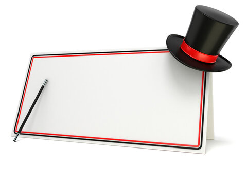 Magic wand and hat on blank board with black and red border. 3D render illustration isolated on white background