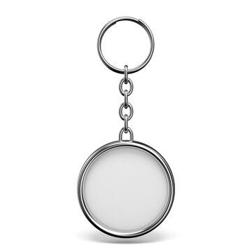 Blank metal trinket with a ring for a key circle shape 3D rendering illustration isolated on white background