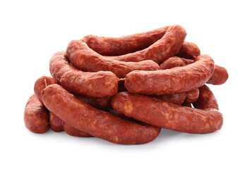 Fototapeta premium Many fresh raw sausages isolated on white. Meat product