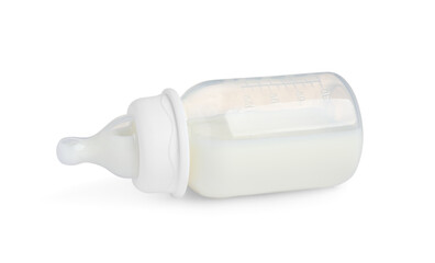One feeding bottle with infant formula on white background