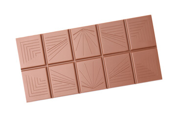 Delicious milk chocolate bar isolated on white, top view