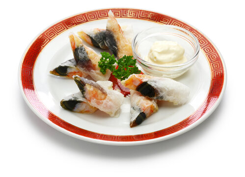 wafer prawn rolls with century egg, chinese dim sum