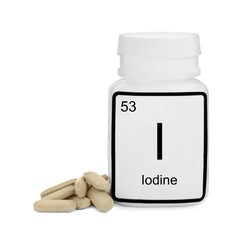 Plastic jar and iodine pills isolated on white