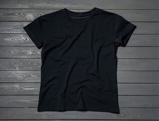Stylish black T-shirt on gray wooden table, top view