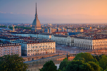 Fototapeta na wymiar Aerial cityscape image of Turin, Italy during summer sunrise.