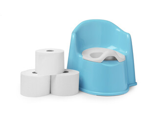 Light blue baby potty and toilet paper isolated on white