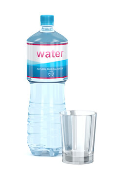 Water bottle and empty glass cup on white background