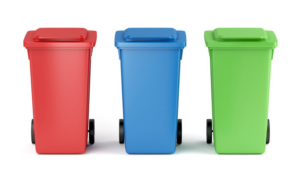 Red, blue and green plastic garbage bins on white background