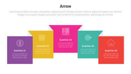 arrow or arrows stage infographics template diagram with box rectangle flip book and 5 point step creative design for slide presentation