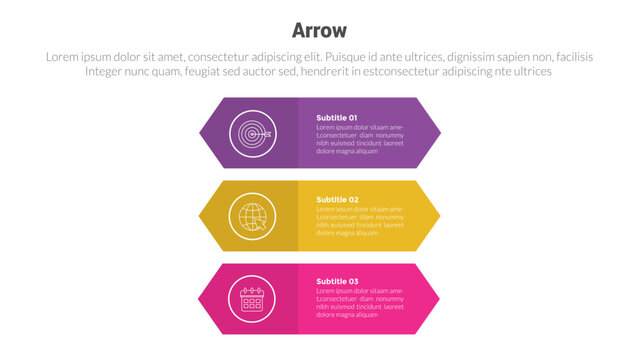 arrow or arrows stage infographics template diagram with vertical rectangle arrow box and 3 point step creative design for slide presentation
