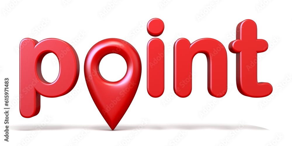 Poster red word point with map pointer 3d rendering illustration isolated on white background