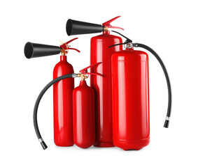Many red fire extinguishers on white background