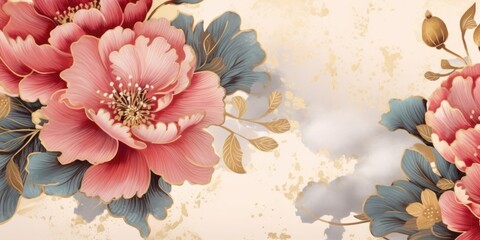 Japanese background with peony flower watercolor made with Generative AI