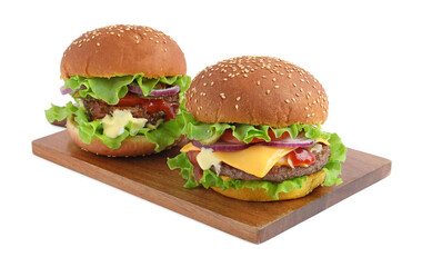Delicious burgers with beef patty and lettuce isolated on white