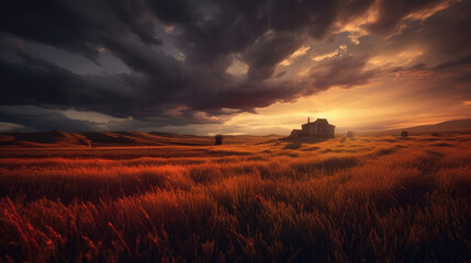 Naklejka na ściany i meble sunset above golden field of wheat