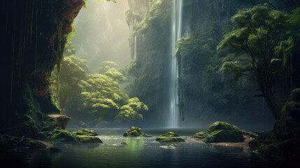 mystical hidden waterfall cascading down a lush