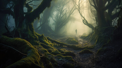 Fototapeta na wymiar mystical forest shrouded in mist and ancient trees 
